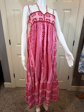 Pink red embroidered Dress with crocheted top